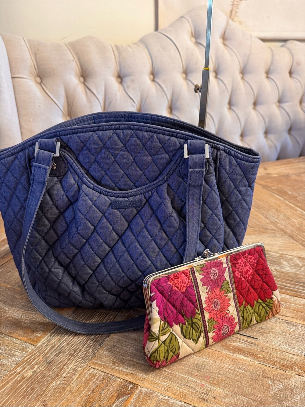 Vera Bradley Navy Tote Bundle with Small Pink Rose Print Kiss-lock Wallet